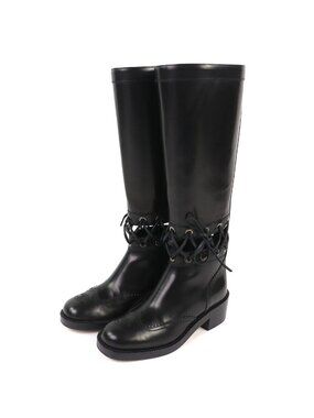 Chanel CC Logo Lace Up Cut Replacement Back Zip Leather Long Boots